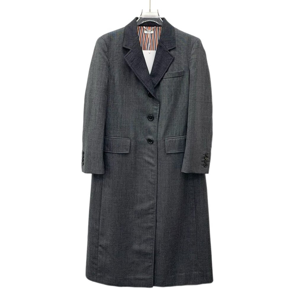 Thom Browne Dark Gray Wool Lapel Single-Breasted Long-Sleeve Trench Coat
